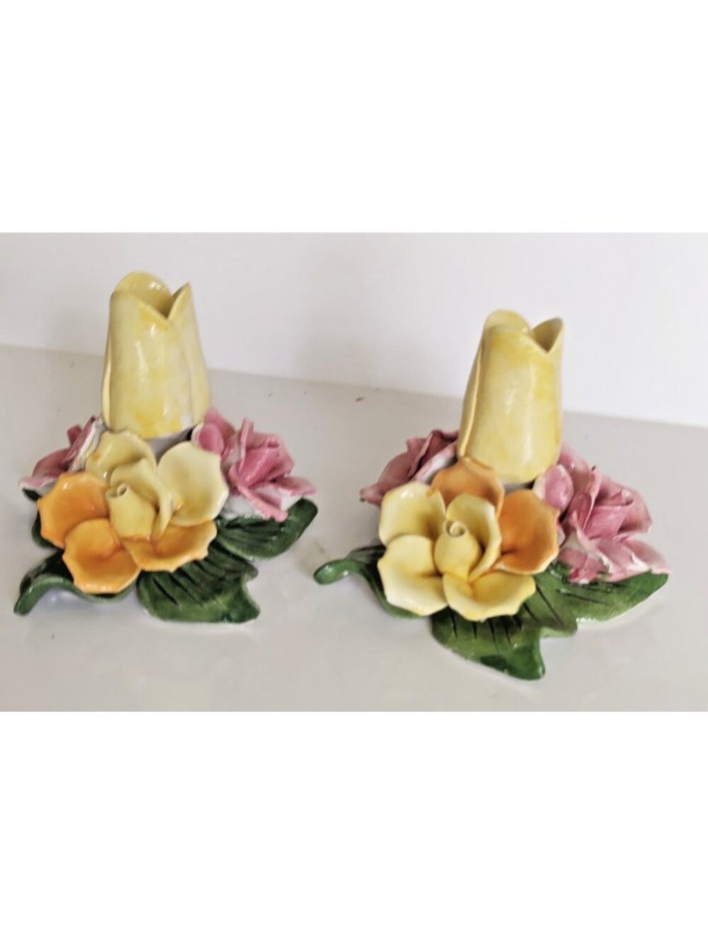 Vntage Capodimonte porcelain floral candle holder set(2) handcrafted in Italy